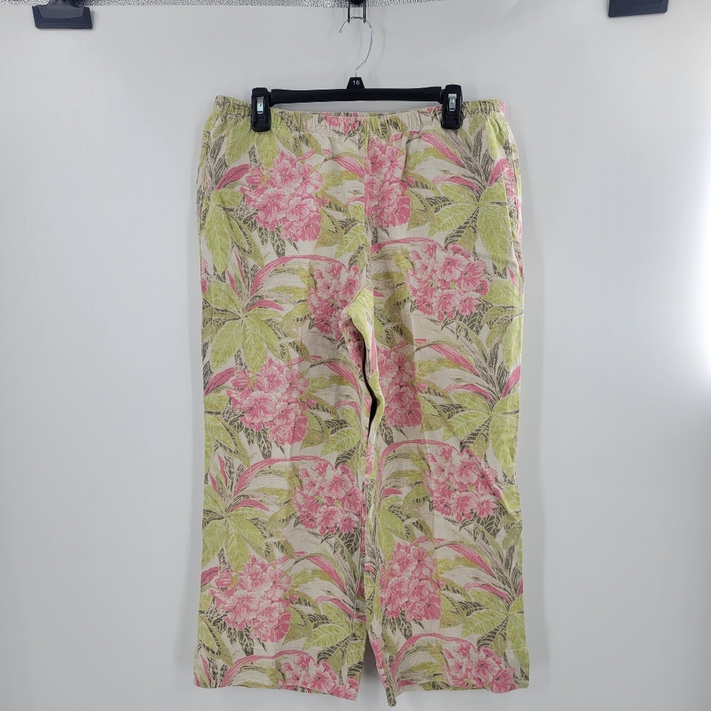 Love Linen J. Jill Women's Medium M 100% Linen Beige Pant Coastal Summer Floral